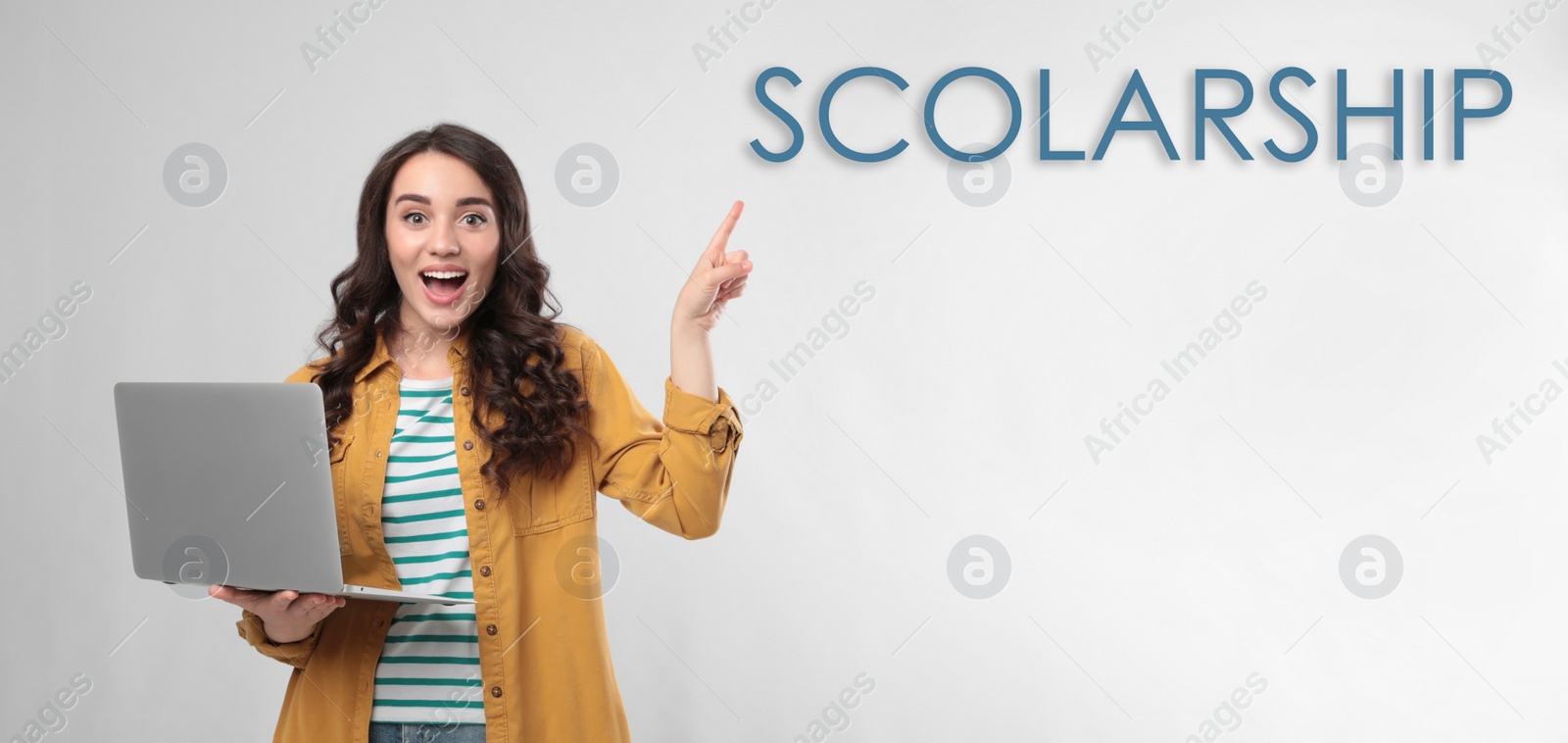Image of Scholarship concept. Young woman with laptop on white background, banner design