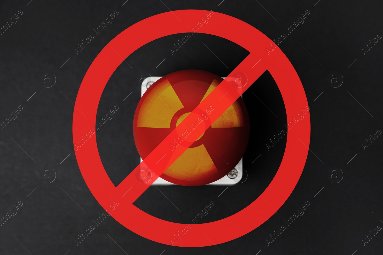 Illustration of Prevent atomic war. Red button of nuclear weapon under prohibition sign on black background, top view