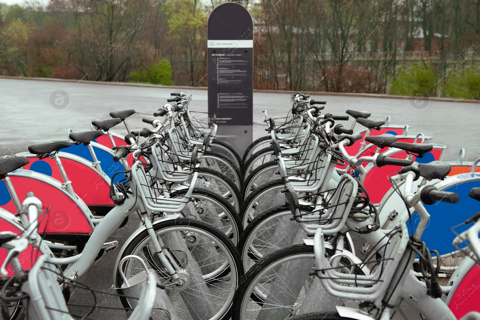 Photo of Many bicycles parked outdoors. Bike rental service