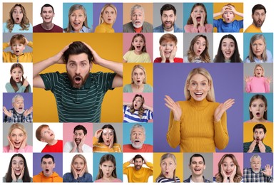 Image of Collage with photos of surprised people on different color backgrounds