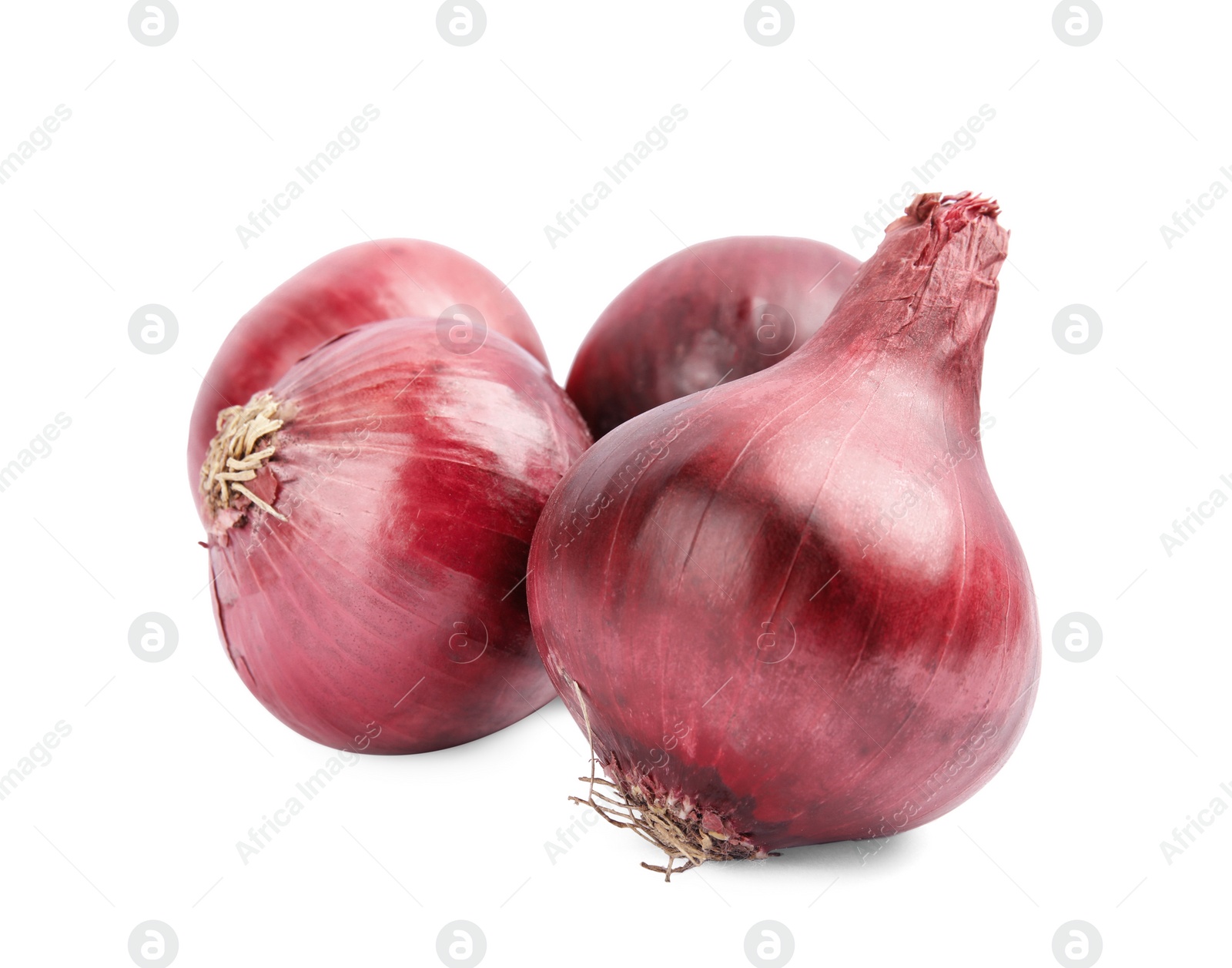 Photo of Ripe red onions on white background