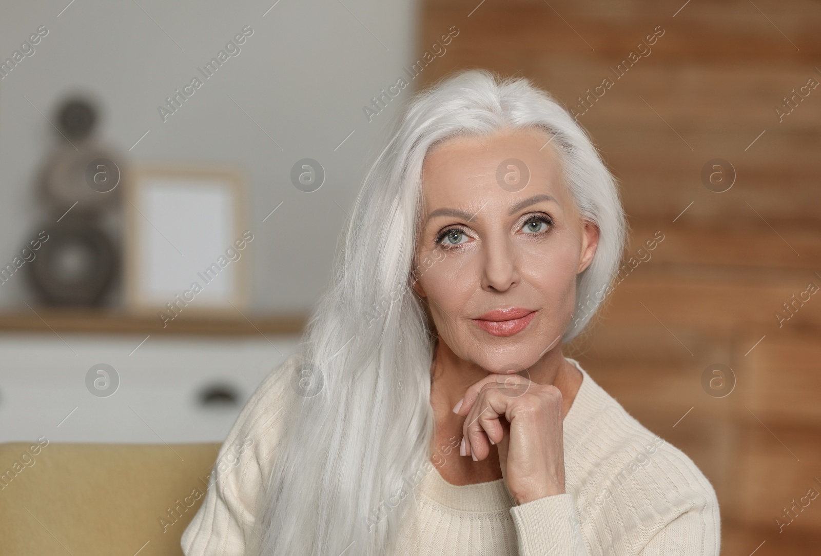 Image of Portrait of beautiful woman with ash hair color indoors