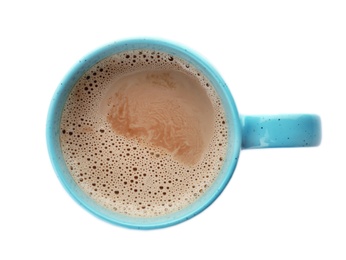 Photo of Mug with delicious hot cocoa drink on white background, top view