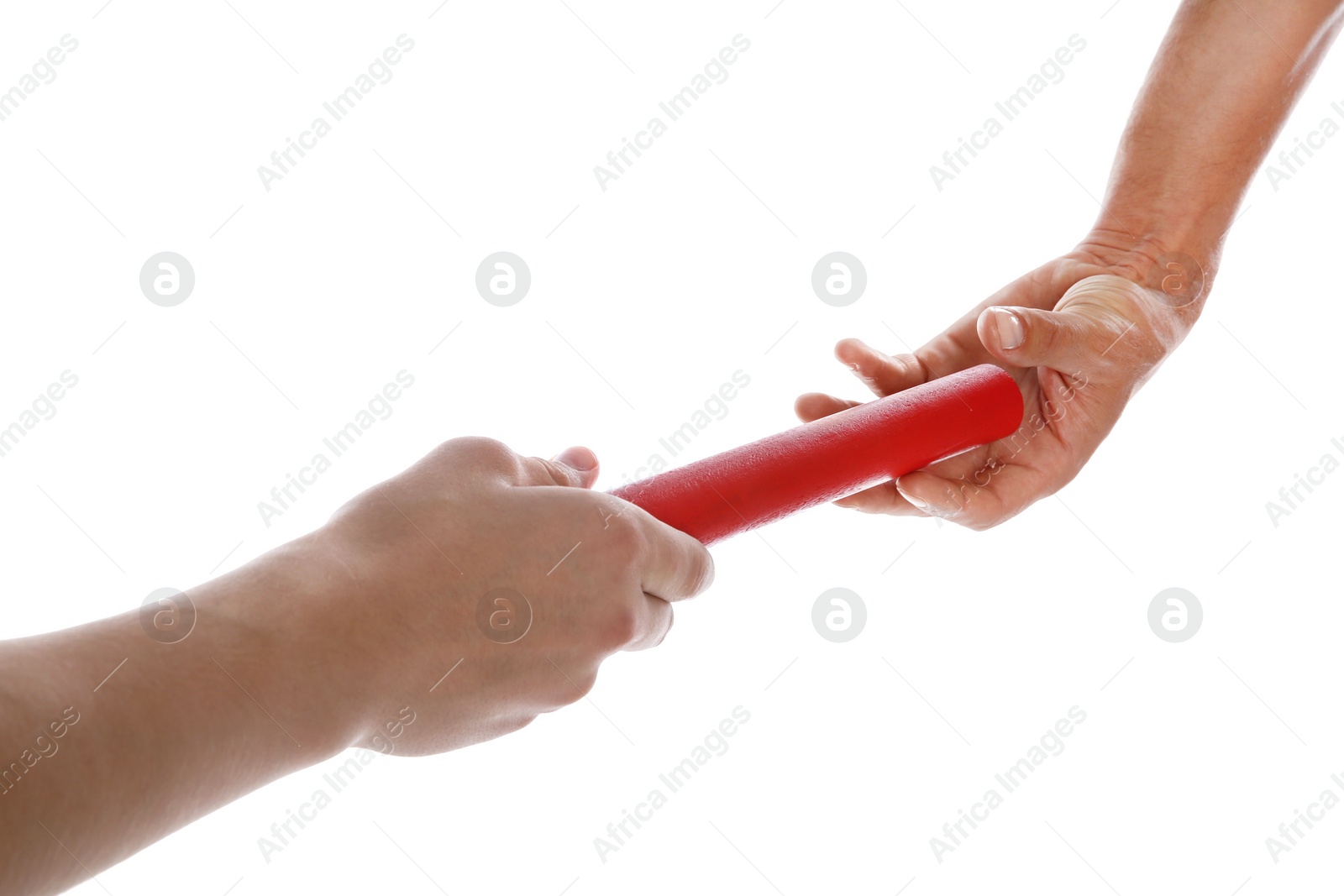 Photo of Man passing relay baton to teammate isolated on white, closeup