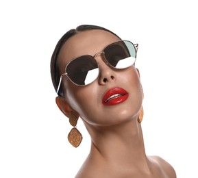 Photo of Attractive woman in fashionable sunglasses on white background