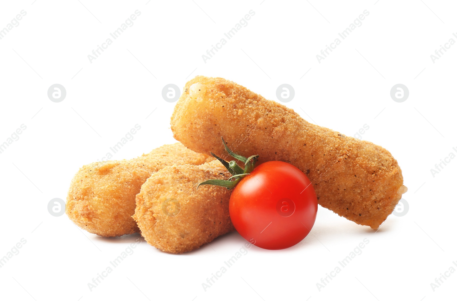 Photo of Tasty crispy cheese sticks with tomato on white background