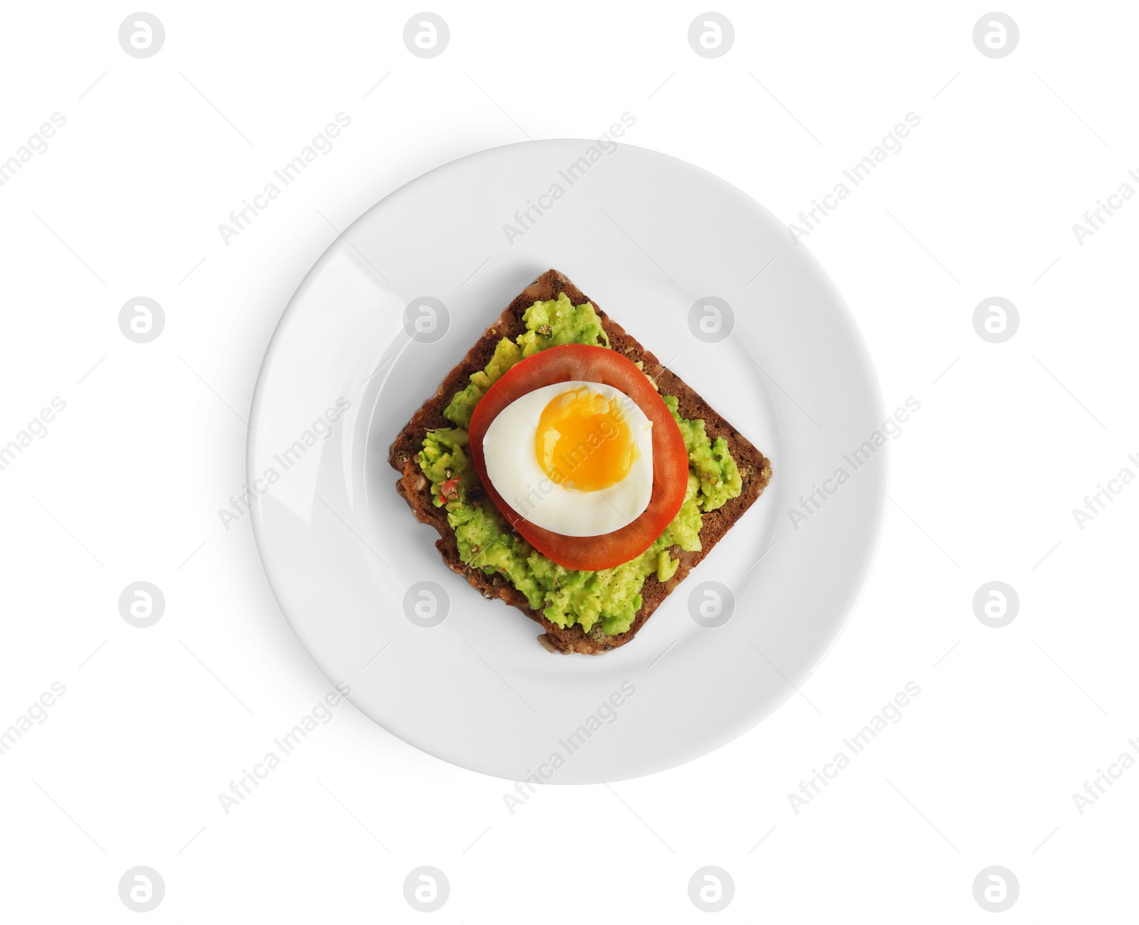 Photo of Delicious sandwich with boiled egg, mashed avocado and tomato slice isolated on white, top view