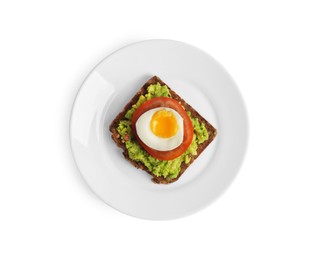 Photo of Delicious sandwich with boiled egg, mashed avocado and tomato slice isolated on white, top view