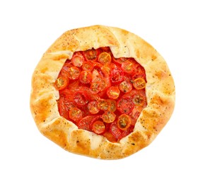 Tasty tomato galette (Caprese galette) isolated on white, top view