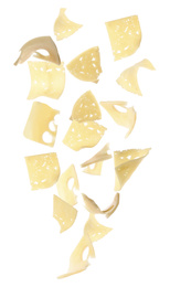 Image of Collage with slices of cheese falling on white background