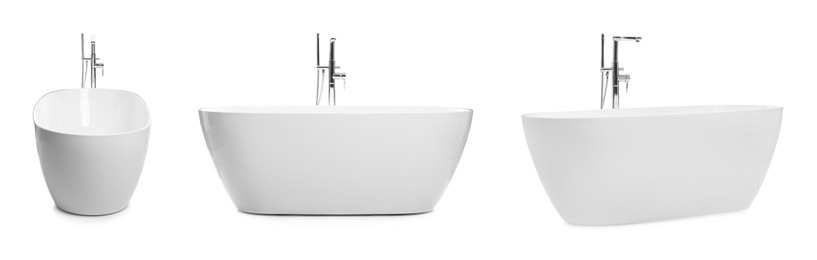 Image of Set with stylish ceramic bathtubs on white background. Banner design