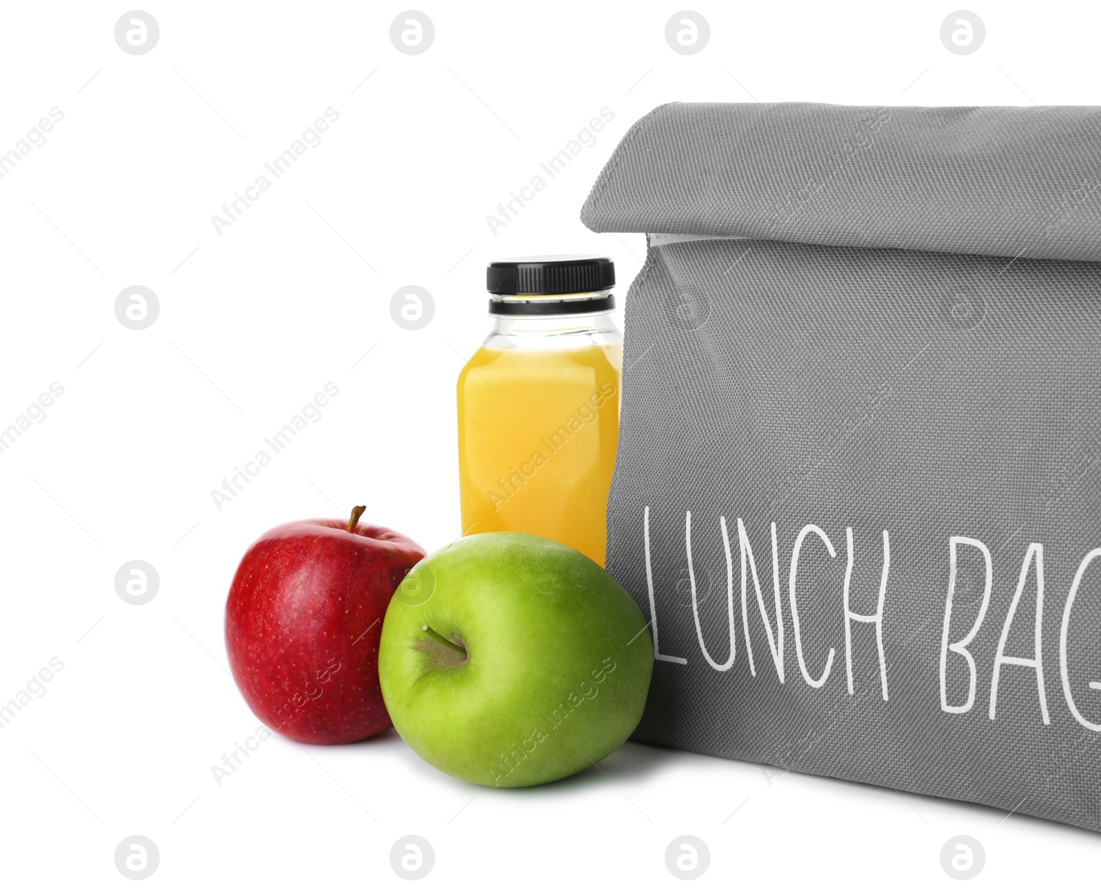 Photo of Lunch bag with healthy food for schoolchild on white background