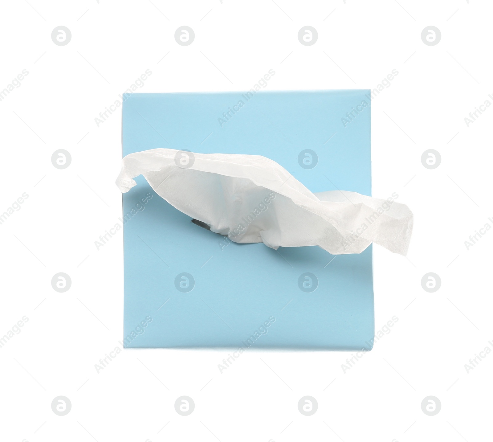 Photo of Box with paper tissues isolated on white, top view