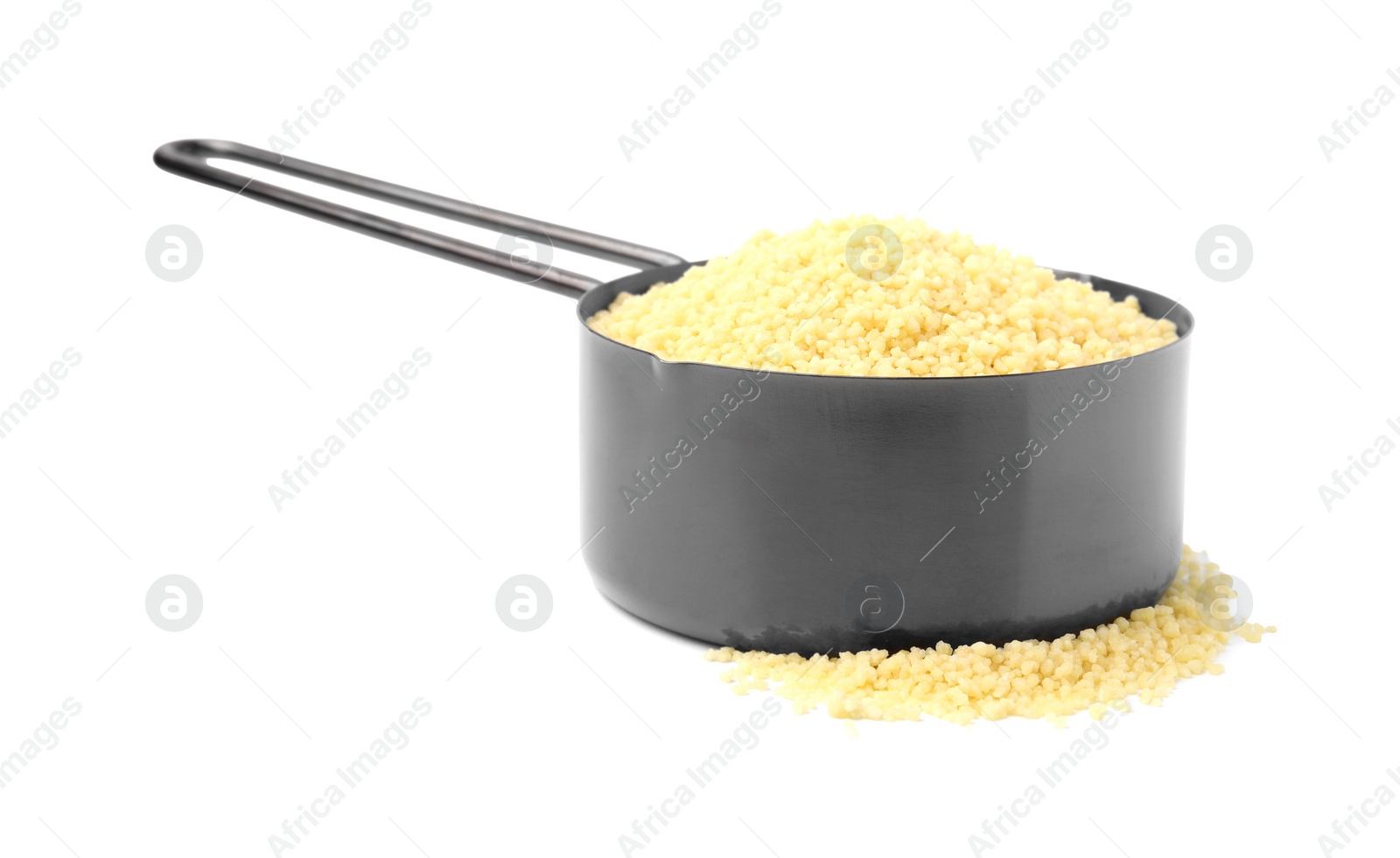 Photo of Scoop with raw couscous isolated on white