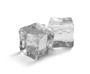 Photo of Crystal clear ice cubes on white background