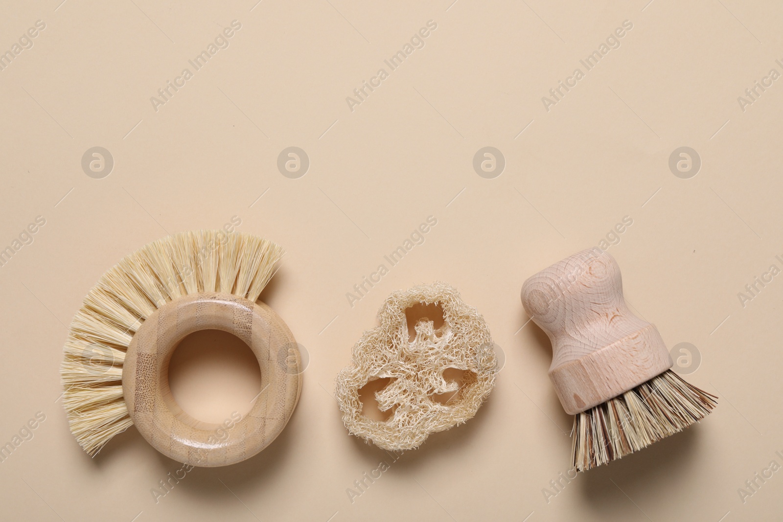 Photo of Cleaning brushes and loofah on beige background, flat lay. Space for text