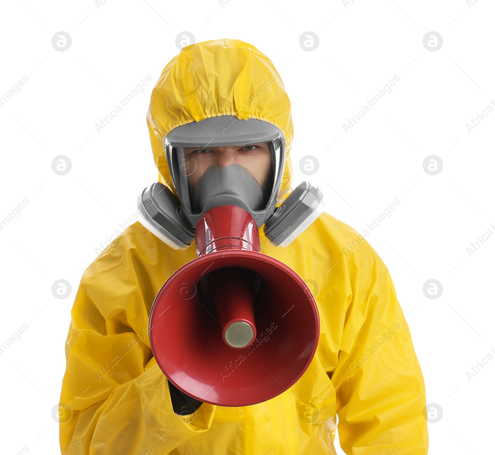 Photo of Man wearing chemical protective suit with megaphone on white background. Prevention of virus spread