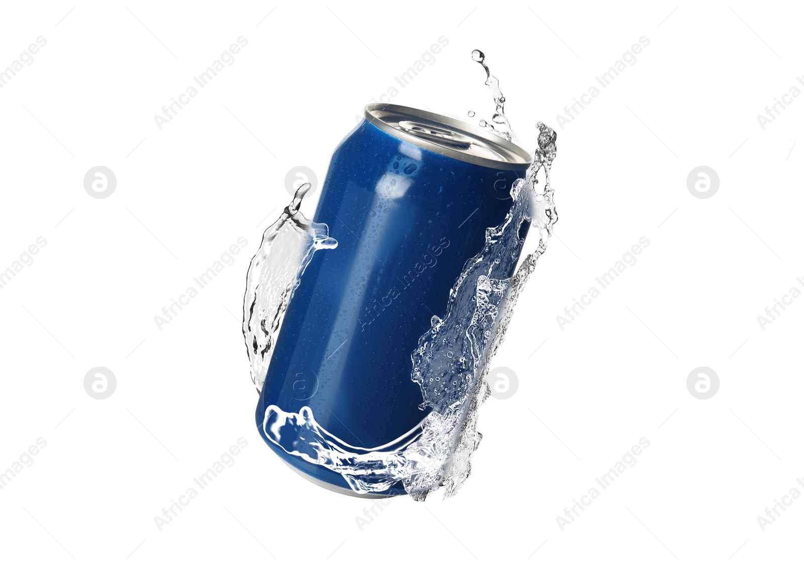 Image of Blue aluminum can with splash of water on white background