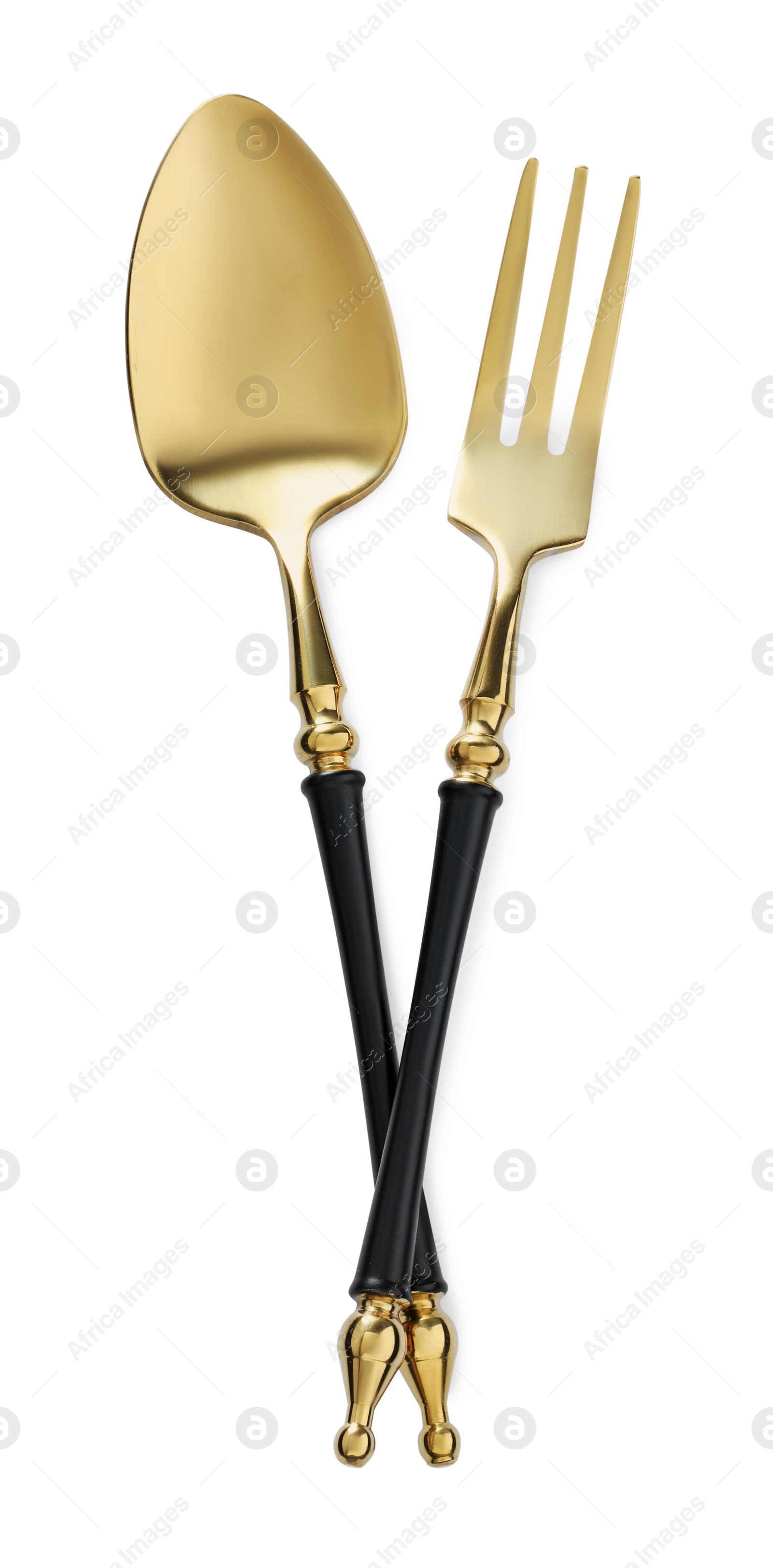 Photo of Spoon and fork isolated on white, top view. Stylish shiny cutlery set