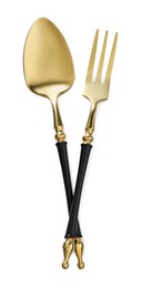 Spoon and fork isolated on white, top view. Stylish shiny cutlery set