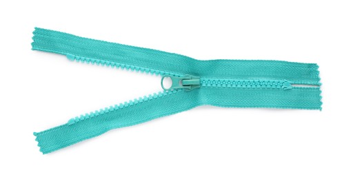 Photo of Turquoise zipper isolated on white, top view