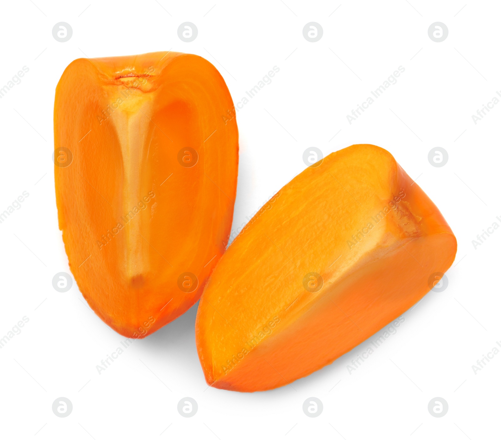 Photo of Cut delicious ripe juicy persimmons on white background, top view