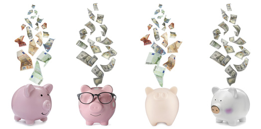 Image of Money falling into different piggy banks on white background. Banner design 