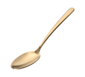 Photo of One shiny golden spoon isolated on white