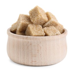 Photo of Brown sugar cubes in wooden bowl isolated on white