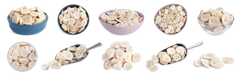 Image of Set with freeze dried bananas on white background. Banner design