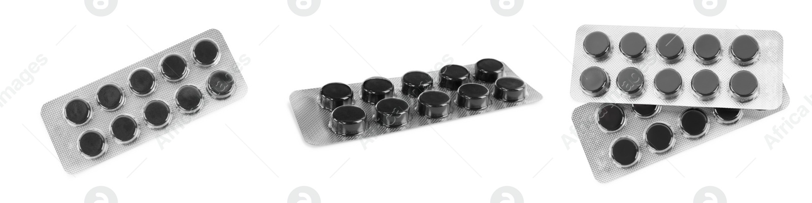 Image of Set with activated charcoal pills on white background, banner design. Potent sorbent