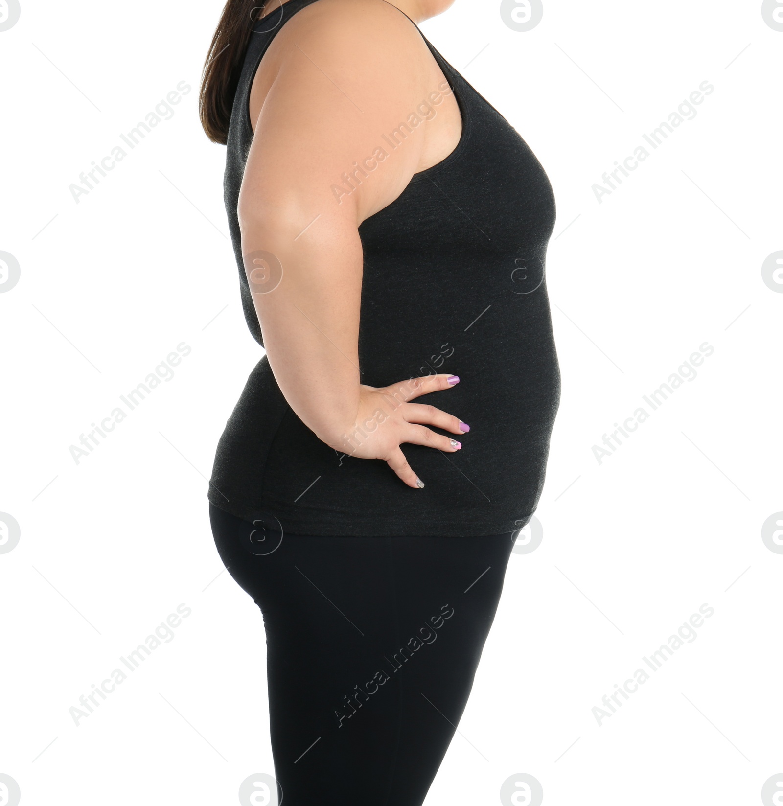 Photo of Overweight woman on white background, closeup view