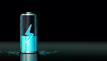 Battery charging icon on black background, space for text. Illustration