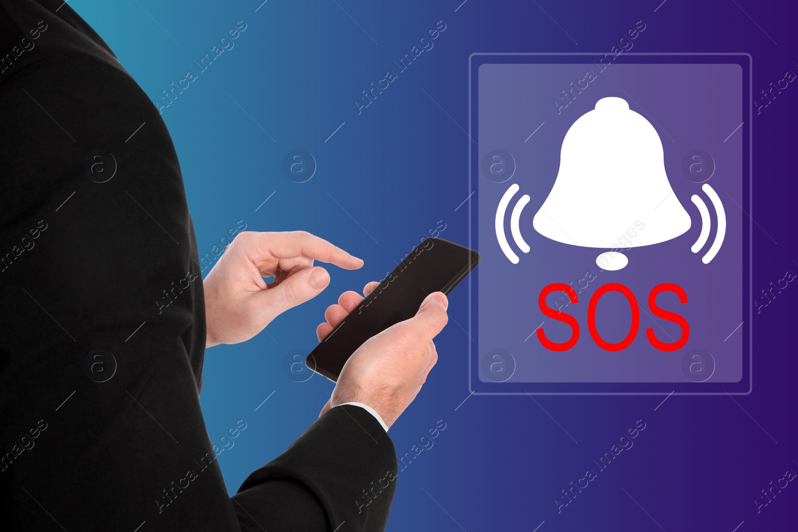 Image of Man with smartphone and virtual icon SOS on color background, closeup