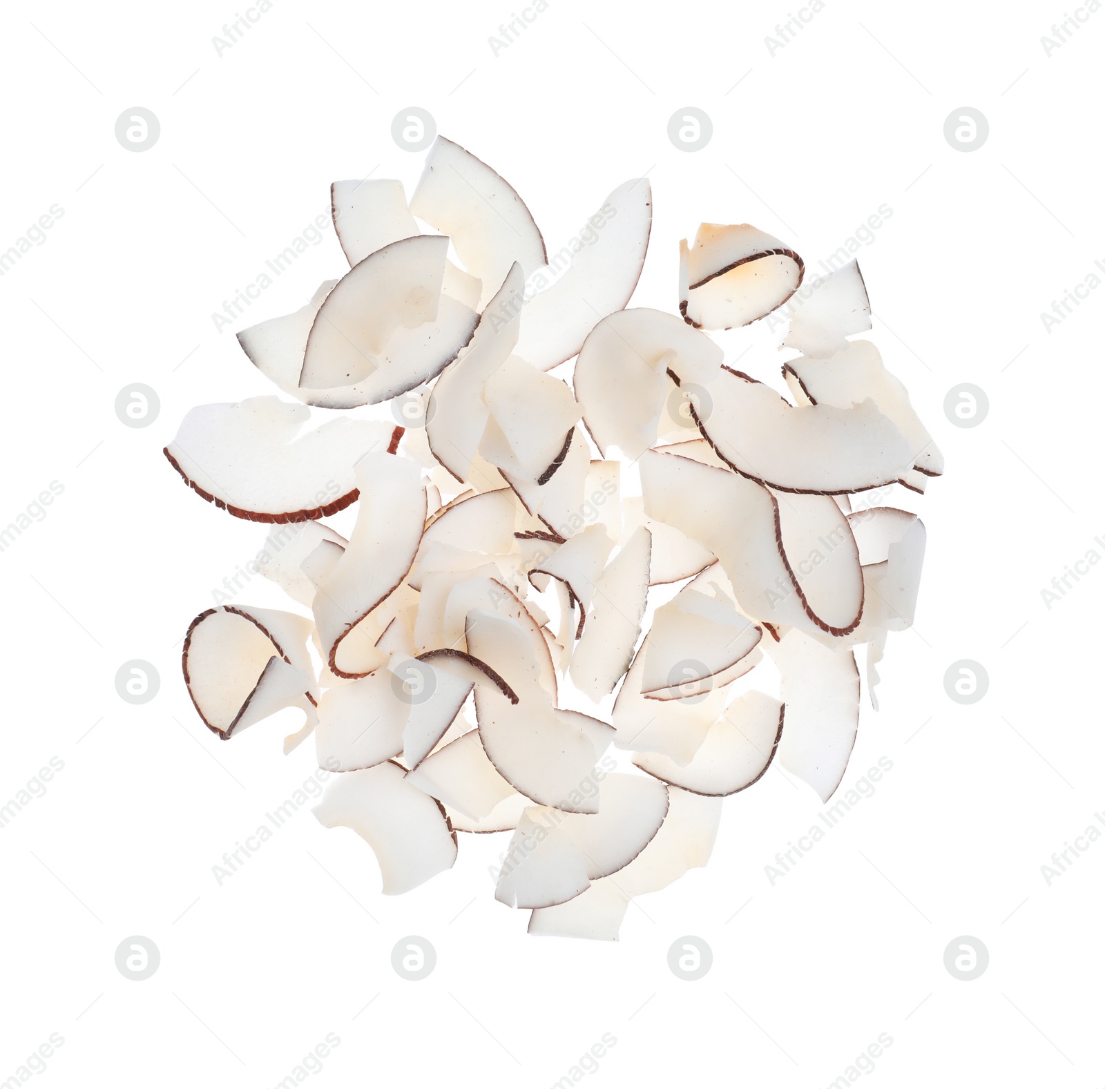 Photo of Fresh coconut flakes on white background, top view