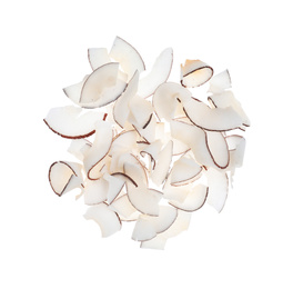 Fresh coconut flakes on white background, top view