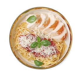 Delicious pasta with tomato sauce, chicken and parmesan cheese isolated on white, top view