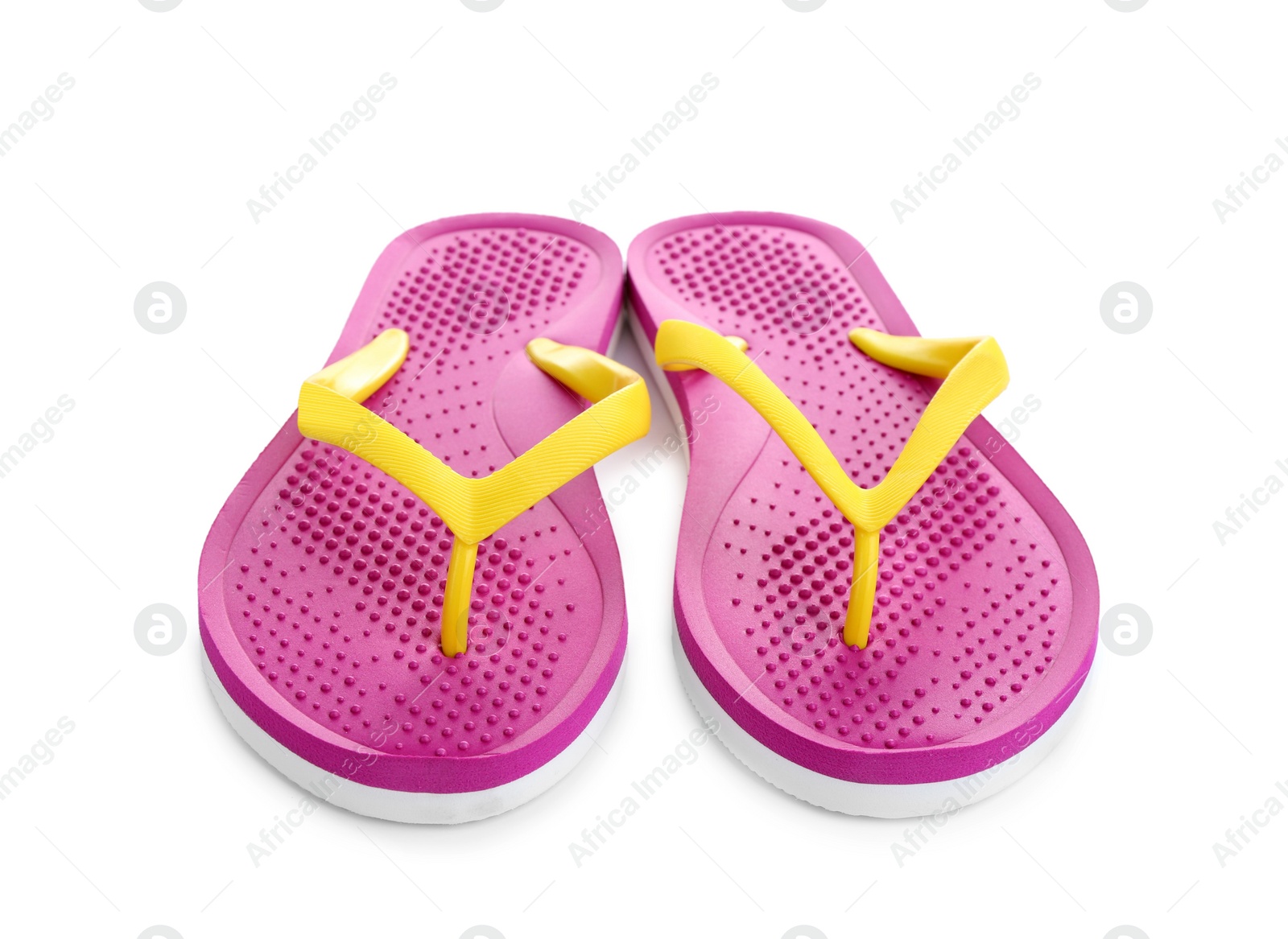 Photo of Stylish bright flip flops isolated on white