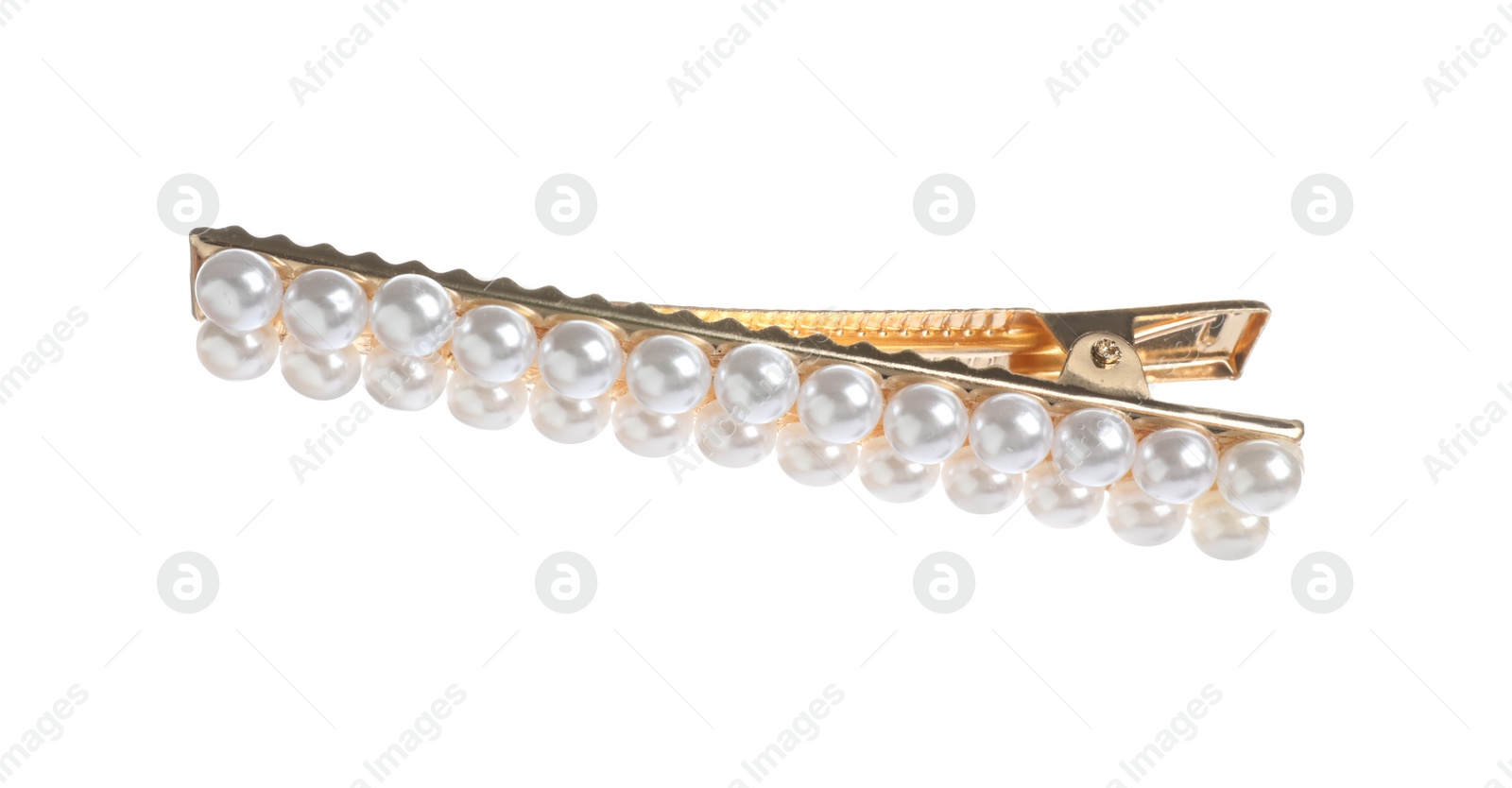 Photo of Stylish gold hair clip with pearls isolated on white