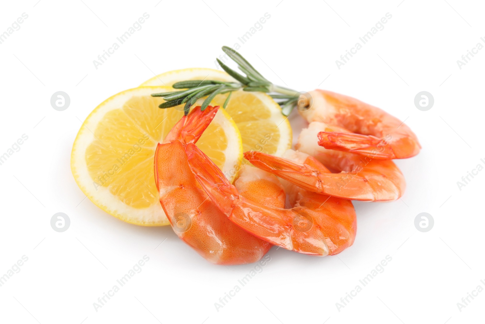 Photo of Delicious cooked shrimps, lemon and rosemary isolated on white