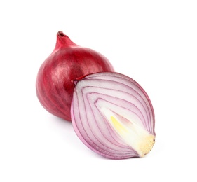 Photo of Fresh whole and cut red onions on white background