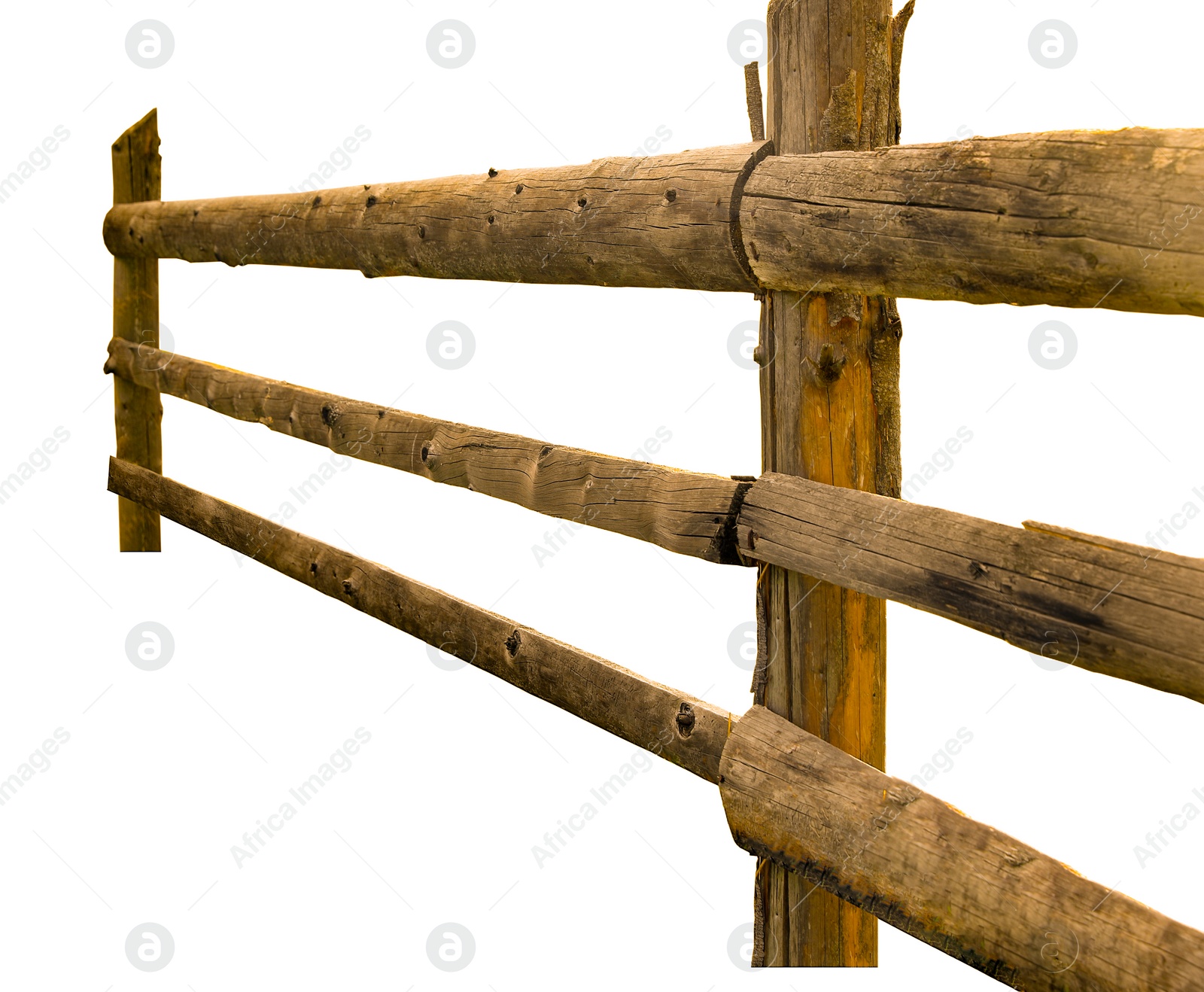 Image of Wooden fence made of old timber isolated on white, closeup