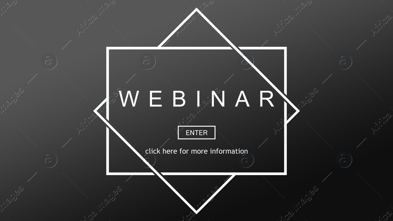 Illustration of Online webinar. Web page with Enter button and text Click Here For More Information on dark gray background