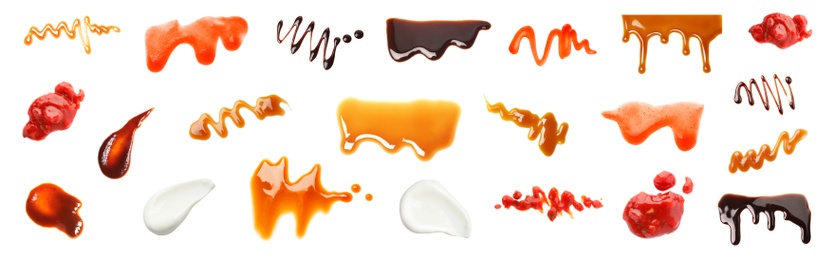 Set with samples of different sauces on white background. Banner design 