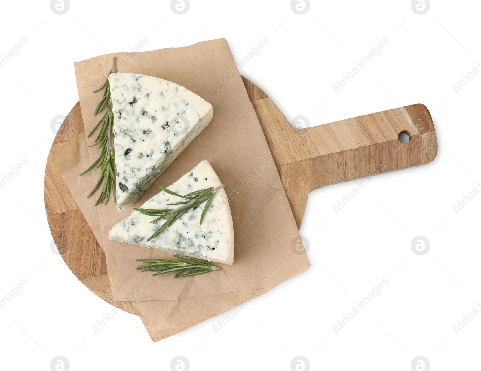 Photo of Tasty blue cheese with rosemary isolated on white, top view
