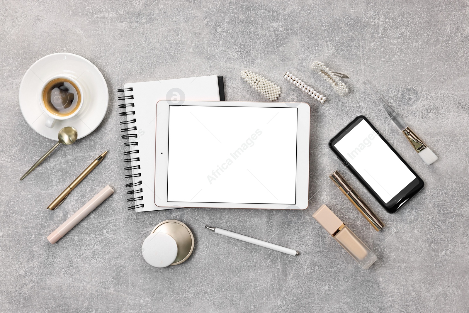 Photo of Flat lay composition with modern tablet on light grey table. Space for text