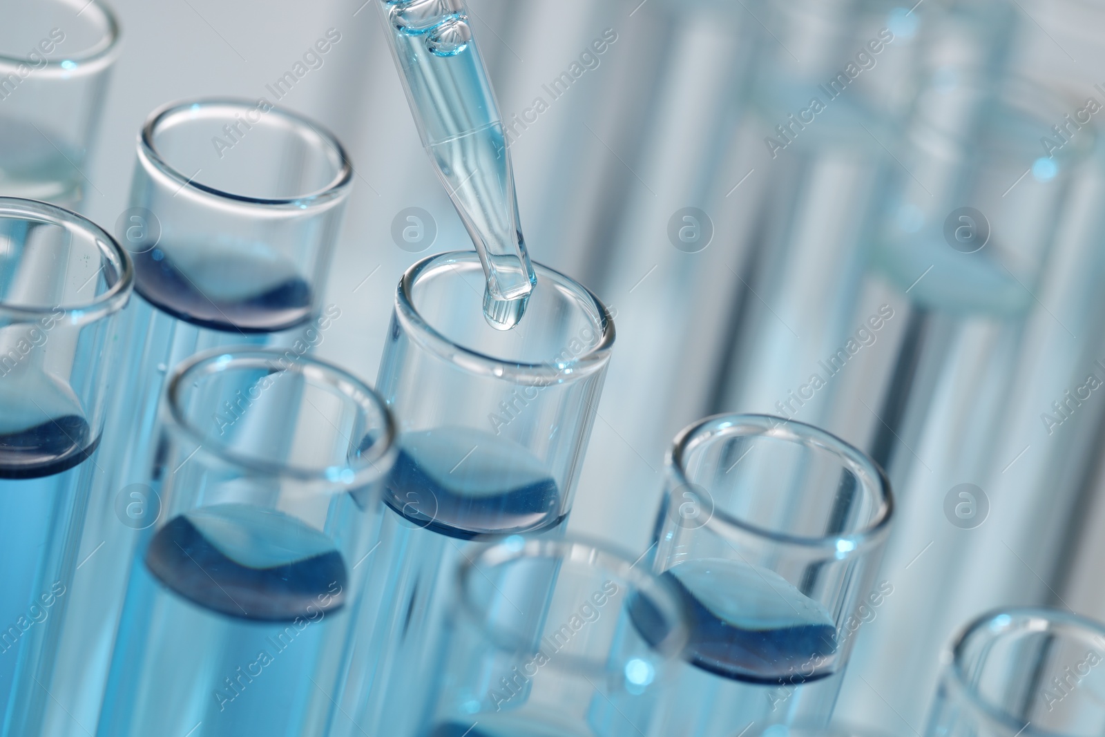 Photo of Dripping liquid from pipette into test tube on light background, closeup