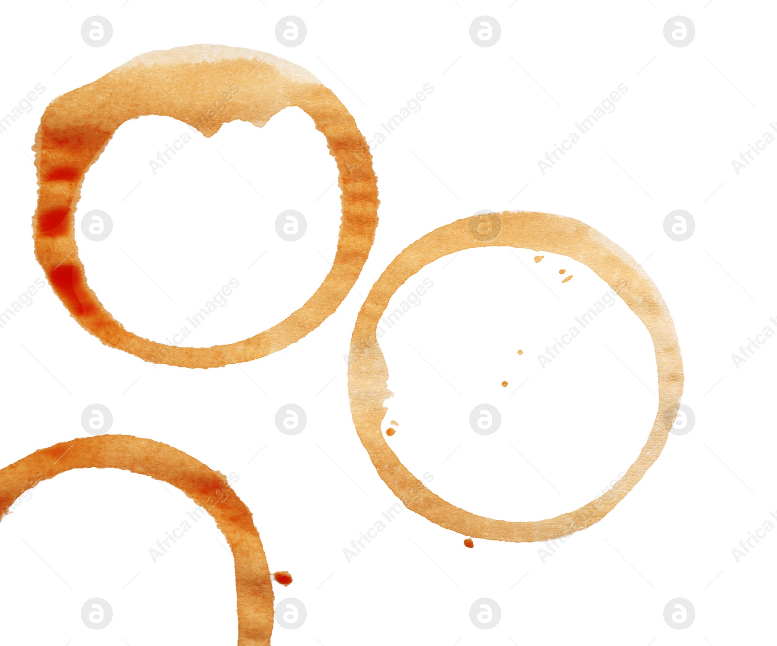 Photo of Coffee cup stains isolated on white, top view