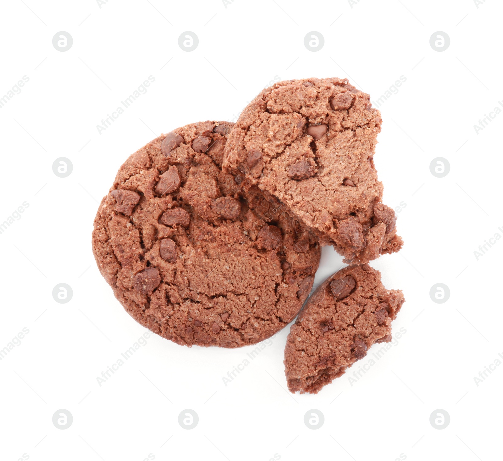 Photo of Delicious chocolate chip cookies isolated on white, top view