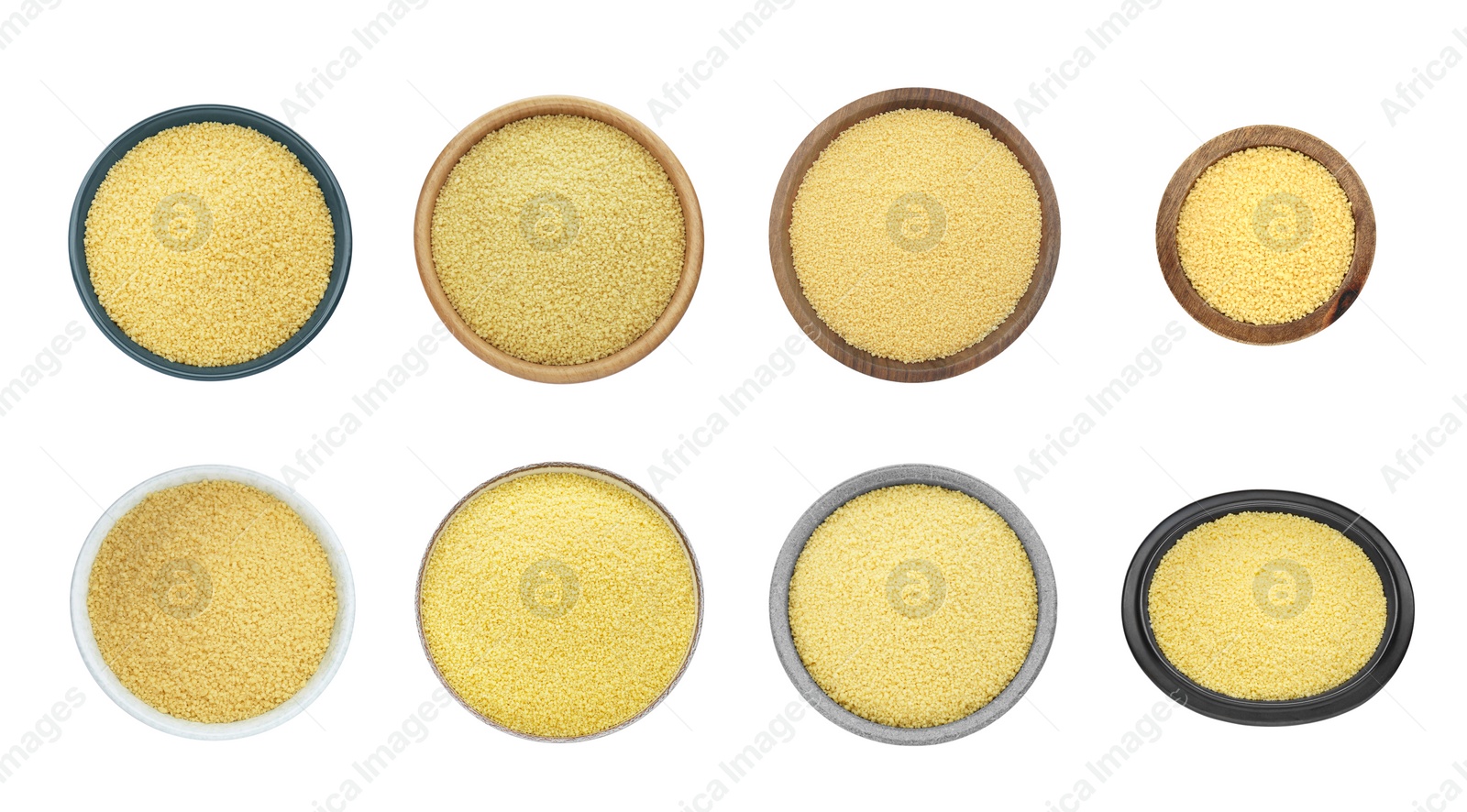 Image of Collage with raw couscous in different bowls on white background, top view